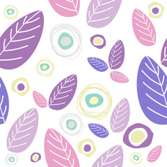 Natural seamless pattern with leaves and abstract art elements in trendy colors. Seamless background with plants in very peri color palette