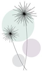 Stylized dandelions on art spots background, pastel colors. Organic vector design illustration