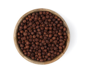 bowl of chickpeas on white background, top view