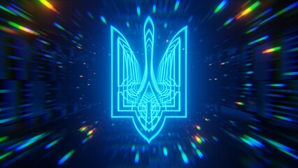 Blue sci-fi glowing Ukrainian trident reveal 3d render background