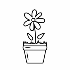 Chamomile in a clay pot. Vector illustration in doodle style. Isolated funny clipart on white background. Cute summer print. Sticker. Coloring book element