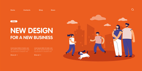 Parents watching children playing with dog outside. Mother and father looking at son and daughter running with puppy flat vector illustration. Family, pets, outdoor activity concept for banner