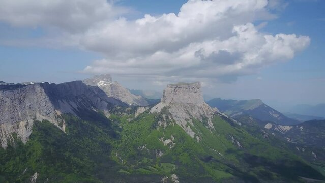 Eminent And Distinct Leveled Top Of Mont Aiguille Mountain In The Vercors Massif Of France. Aerial Pan Shot
