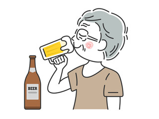 ビールジョッキで生ビールを飲む、年配男性のイラスト