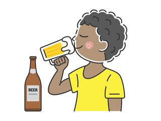 ビールジョッキで生ビールを飲む、黒人男性のイラスト