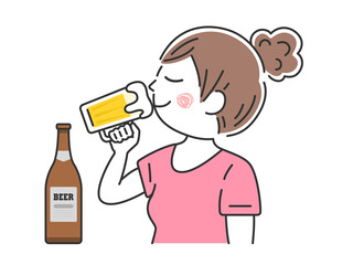 ビールジョッキで生ビールを飲む、女性のイラスト