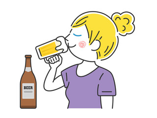 ビールジョッキで生ビールを飲む、白人女性のイラスト