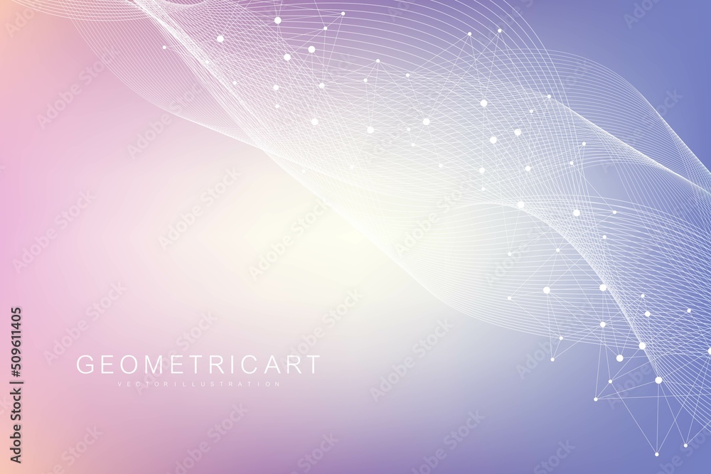 Poster geometric abstract background with connected line and dots. structure molecule and communication. bi