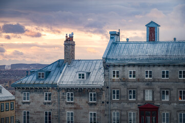 View over buildings ans rooftops of the old town of Quebec city at dusk, QC, Canada