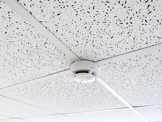 Smoke sensor on the ceiling in the office room. Fire alarm element. Workspace security.