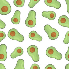 Trendy seamless floral pattern with avocado. Hand-drawn modern illustration of avocados of different sizes. Fabric, web, app, stationery.