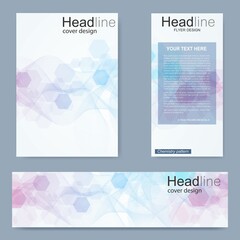 Set flyer, brochure size A4 template,banner. Molecular structure with connected lines and dots. Scientific pattern atom DNA with elements for magazine, leaflet, cover, poster design.
