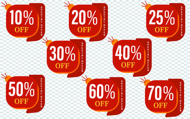 10,20,25,30,40,50,60,70 Percentage Special offer sale red tag. This is the concept of the price list for discounts