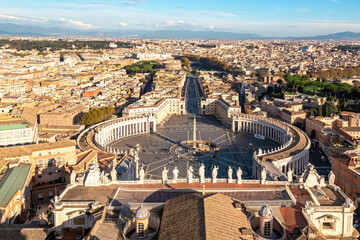 Panoramic scenic high angle aerial view on St Peters Square from top of Peters Basilica in Vatican...