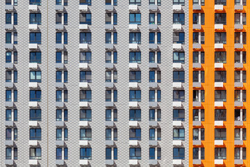 The background image is a modern multi-storey building in gray and orange colors with monotonous windows and balconies