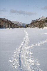 Cross-country skiing tracks that leads to the valley during a cold winter day, Jacques-Cartier river national park, QC, Canada