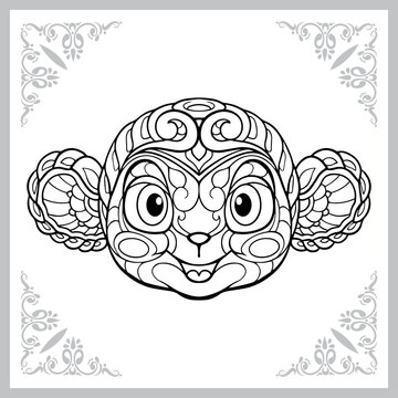 cute monkey head cartoon zentangle arts. isolated on white background.