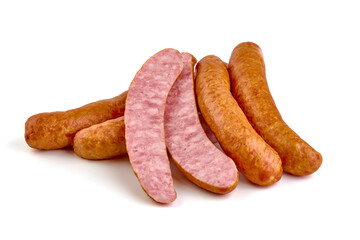 Smoked german bratwurst sausages, isolated on white background.