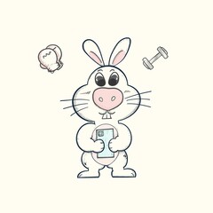 Cartoon drawing about a rabbit who likes to exercise, play, relax, selfie, gym, line, watercolor.