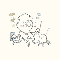 cartoon drawings about octopus and baby octopus, study, play, relax, sea, line, watercolor