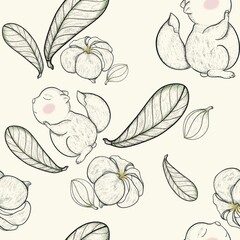 Seamless pattern image of little squirrel animals and flowers. black and white, line, drawing