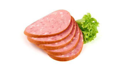 Smoked salami sausage with lettuce leaves isolated on white background.