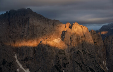 Mountains in the Julian Alps at sunset. 