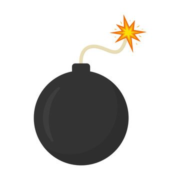 Bomb with burning wick. Dynamite ball weapon flat element. Boom effect. Vector isolated on white.