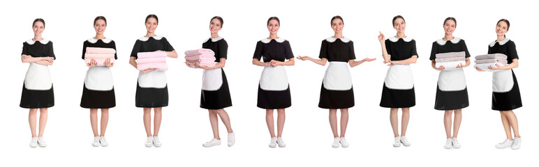 Collage with photos of young chambermaid in uniform on white background. Banner design © New Africa