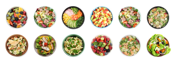 Set with different tasty salads on white background, top view. Banner design - obrazy, fototapety, plakaty