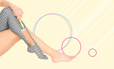 Epilation concept. Young woman removing dotted pattern as hair using razor on beige background,...