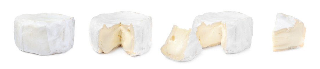 Set with delicious camambert cheese on white background. Banner design