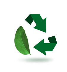 Recycling symbol made of arrows and green leaf on white background