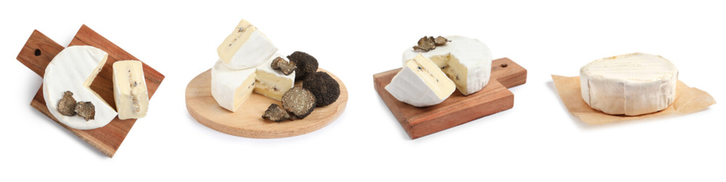 Set with delicious camambert cheese with truffles on white background. Banner design