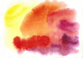 Abstract yellow orange red purple watercolor. Isolated multicolored spot. Colorful art background...