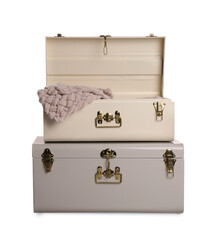 Stylish storage trunks with plaid isolated on white