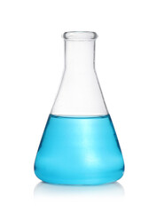 Laboratory flask with light blue liquid isolated on white
