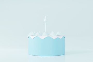 Cute birthday cake 3d rendering blue white cream color with a candle, Sweet cake for a surprise birthday, Valentine's Day with copy space for text on a blue background.