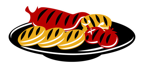 Bbq illustration with grill objects and icons. Stylized kitchen and restaurant items.