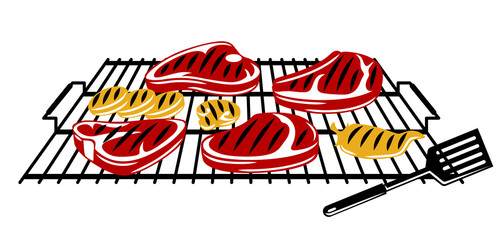 Bbq illustration with grill objects and icons. Stylized kitchen and restaurant items.