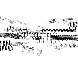 Fototapeta premium Traces from the tire tread of a car, motorcycle or bicycle. Motocross, rally, track, traces of grungy wheels. Vector texture.