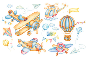 Set of vintage plane, hot air balloon, retro airplane, helicopter and kite isolated on white background. Hand painted watercolor planes isolated on white background. Cute toys sky transport for boy - 509616465