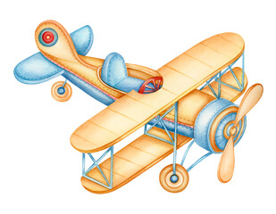 Vintage airplane. Hand painted watercolor planes isolated on white background. Retro sky transport © MarinadeArt