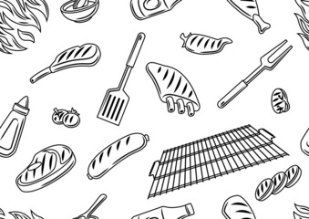 Bbq seamless pattern with grill objects and icons. Stylized kitchen and restaurant items.