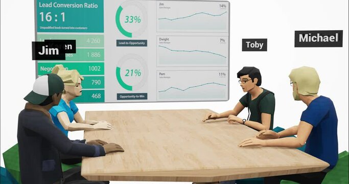 People using their metaverse characters during a business meeting in a virtual bright space office, discussing company financial sales report stats. Generic 3d rendering