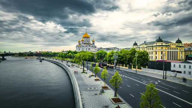 Time lapse of Cathedral of Christ the Saviour during sunset. Amazing view of Moscow in summer
