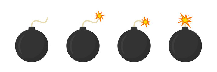 Bomb with burning wick set. Dynamite ball weapon flat element collection. Boom effect. Vector isolated on white.
