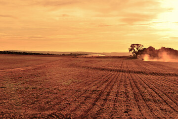 Campo arado com irrigação e por do sol
