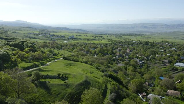 Drone Flying Over The Village Of Noste With Noste Castle On The Foothill In Shida Kartli, Georgia. aerial