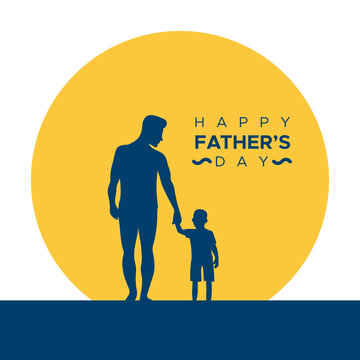 Happy Father's Day. Father and son walking in the sunset. Silhouette shapes. Vector illustration, flat design